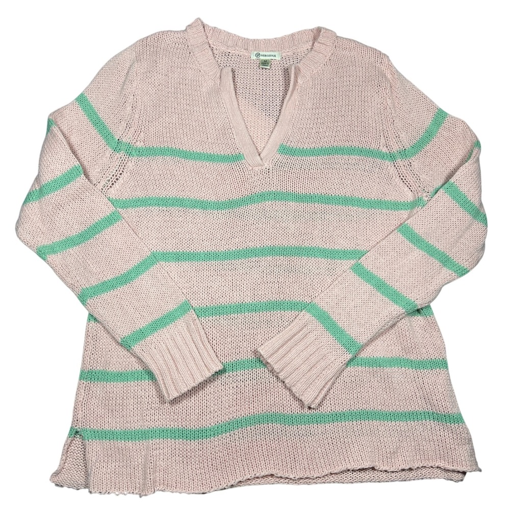 Versona Womens Pink Mint Green Striped Split V-Neck Knit Sweater Size Medium